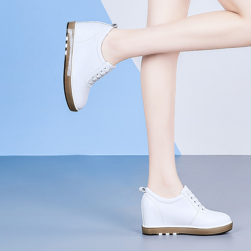 Inner heightening women's shoes 2023 spring and summer new leather thin holes hollow breathable travel and leisure 22 small white shoes women