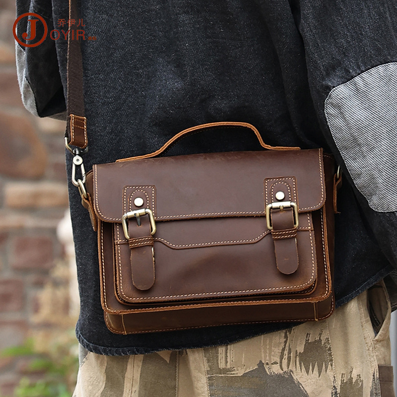 Crazy Horse Leather Vintage Messenger Bag Men's Small Handbag First Layer Cowhide Crossbody Shoulder Bag Genuine Leather Briefcase Business