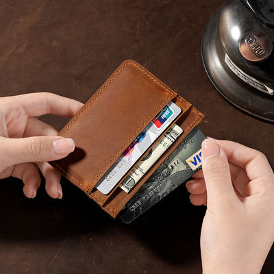 Crazy Horse Leather ultra-thin and small credit card bag for men and women, retro top layer Niu pickup truck case, genuine leather small card bag, simple bag