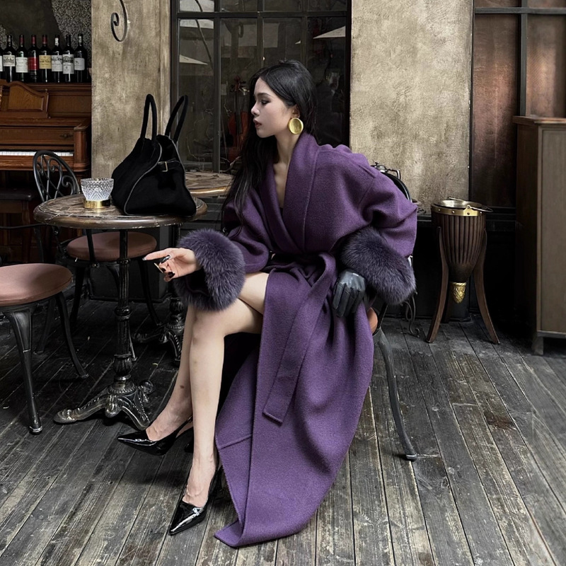 Luxurious Violet Winter New Style Double-Sided Sheep Wool Coat with Detachable Fox Fur Sleeves, Extended Length