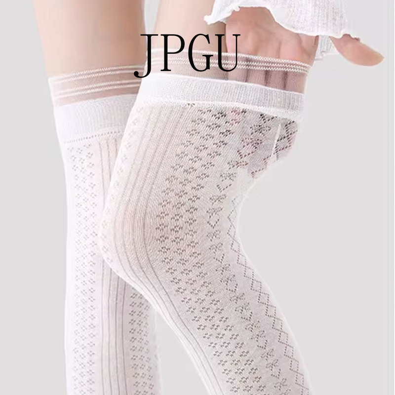 Japanese Jpgu Women's Lace-Trimmed Versatile Calf Socks, Sweat-Absorbent, Lightweight, Breathable Mesh Long Over-The-Knee Socks