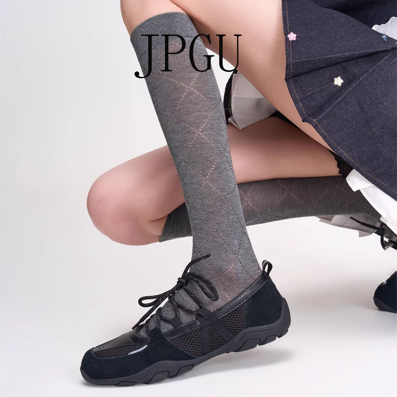 Japanese Jpgu Gray Silk Ribbed Calf Socks for Women, Spring and Summer Thin Style, Slimming Breathable Long Socks