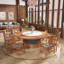 New Chinese Restaurant Table And Chairs High-end Hotel Electric Big Round Table Rock Plate Bag Compartment Hot Pot Light Lavish Solid Wood Villa Dining Table