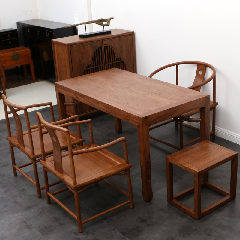Modern new Chinese style old elm tea table and chair combination walnut solid wood desk Ming and Qing antique simple log tea table