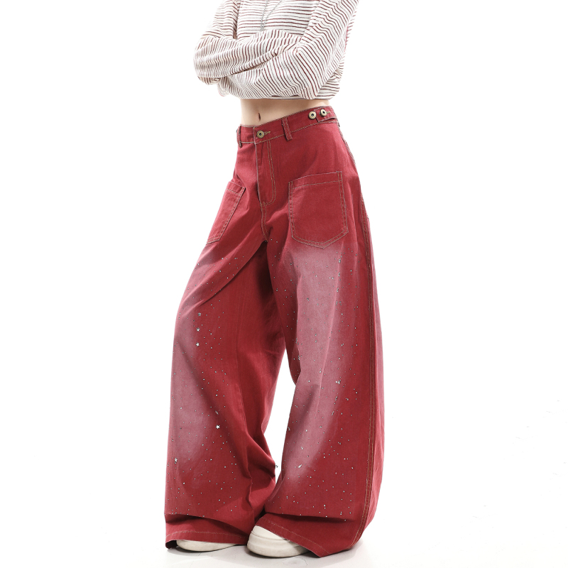 American Retro Rhinestone Wide-Leg Jeans for Women, Spring High-Waisted Slimming Versatile Casual Niche Design Scimitar Pants