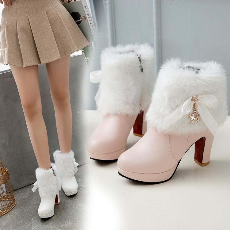 Autumn and Winter Pink Sweet and Cute Furry Snow Boots Thick Heel High Heels Short Boots Women's Shoes Winter Cotton Boots Autumn and Winter Pink Sweet and Cute Furry Snow Boots Thick Heel High Heels Short Boots Women's Shoes Winter Cotton Boots