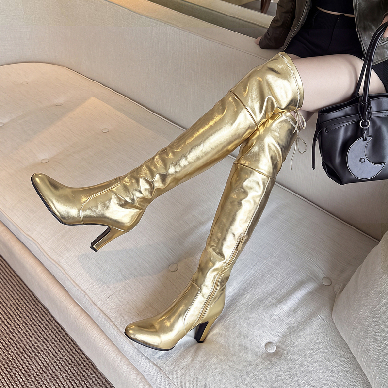European and American Style Gold Pointed-Toe Over-The-Knee Boots for Women, Chunky High-Heeled Dance Boots, Metallic Color Riding Boots, Women's Shoes European and American Style Gold Pointed-Toe Over-The-Knee Boots for Women, Chunky High-Heeled Dance Boots, Metallic Color Riding Boots, Women's Shoes