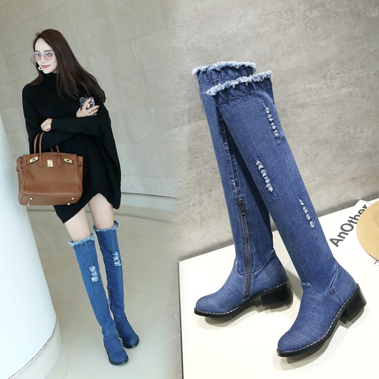 Khởi động trẻ em mùa xuân 2018 new denim trên khởi động đầu gối skinny chân stretch boots dày với giữa với khởi động dài giày đơn phụ nữ