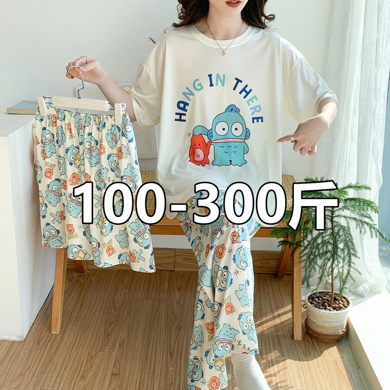 150kg Extra Large Size Ice Silk Pajamas for Women, Summer Cool Short-Sleeved Three-Piece Set, Cartoon Sweet Student Home Clothes