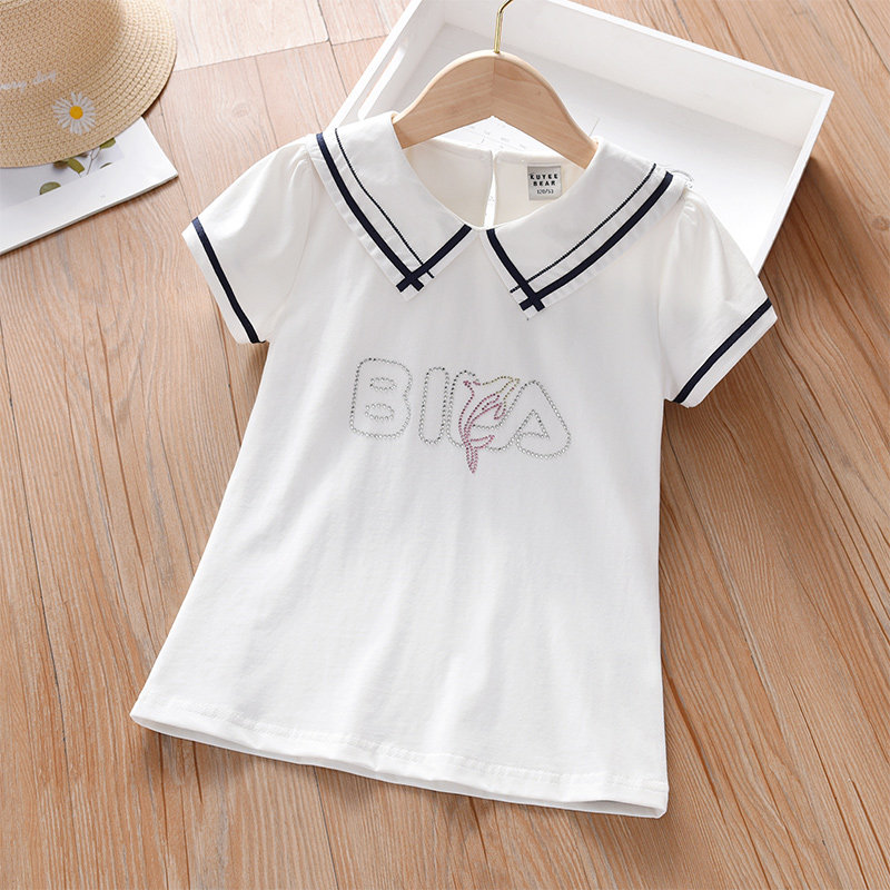 Girls T-shirt short-sleeved cotton summer 2022 new baby half-sleeved Western style lapel small and medium children's women's top T