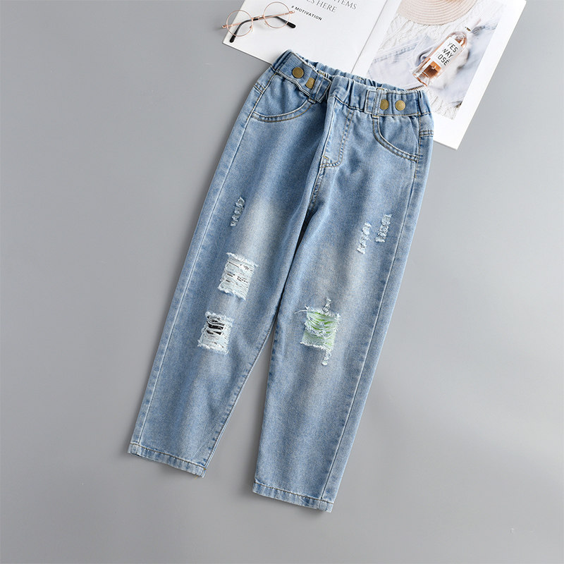 Girls pants spring and autumn 10 autumn 2021 new children's female 13-year-old middle child 14 ripped jeans 12
