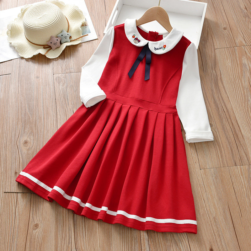 Girls College Wind Dress 2022 New Children Women Red Middle Children Girl Foreign Spring Autumn Princess Dresses
