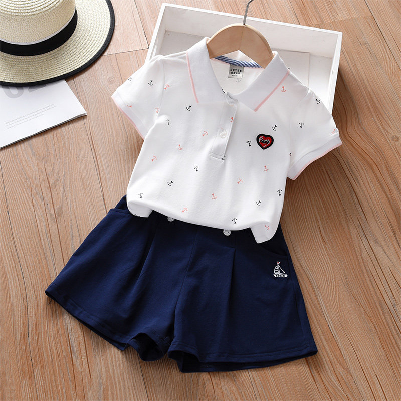 Girls College Wind suit Leisure sports Summer new female baby polo short sleeve shorts Two sets 100 hitch