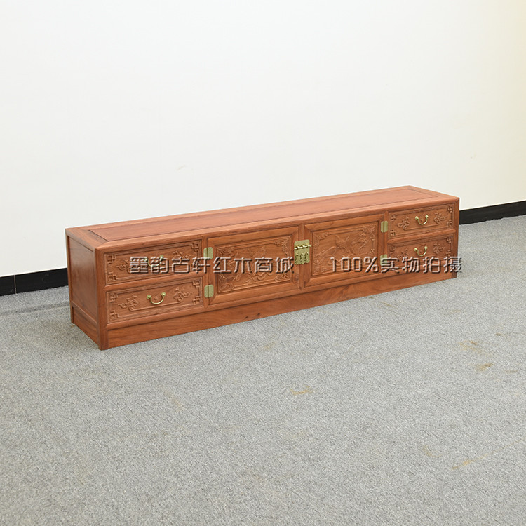 Red Wood Furniture Myanmar Flowers Pear Wood New Chinese Style TV Cabinet Ground Cabinet Cabinet National Standard Big Fruit Purple Sandalwood Flowers Bird TV Cabinet