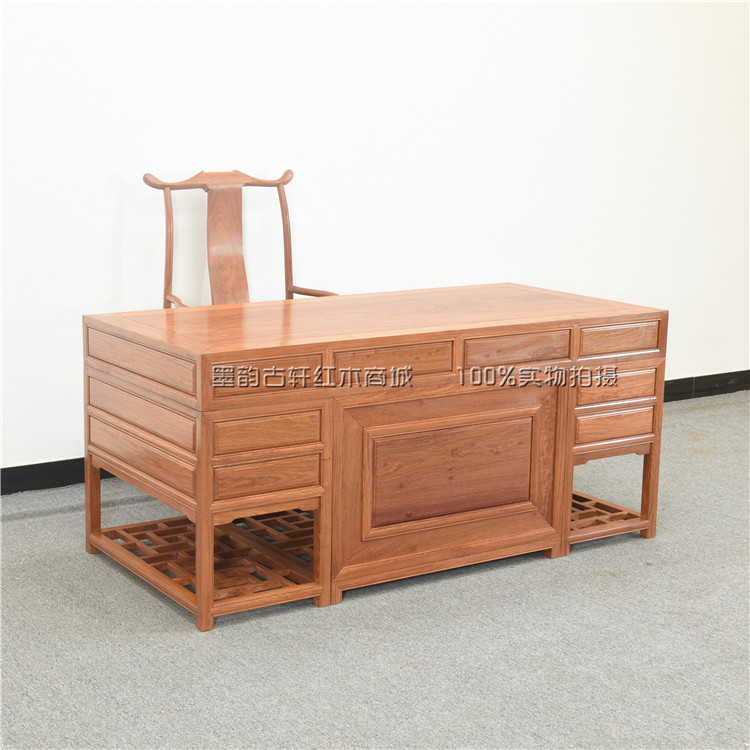 Myanmar pear desk big fruit red sandalwood desk mahogany furniture desk bookcase combination whole solid wood Chinese style