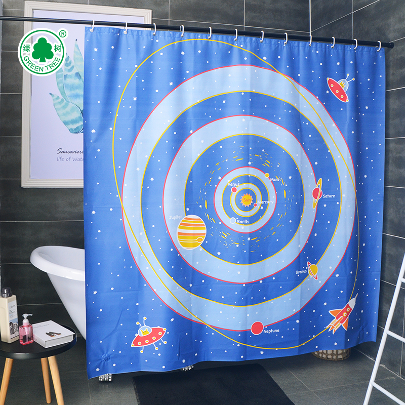 Space Style Nordic Cartoon Bath Curtain Waterproof Cloth Bathroom Blinds Free to punch and bath shielded water curtain delivery hooks
