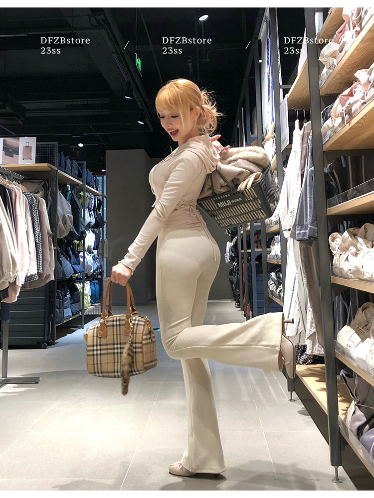 Боди/брюки dfzbstore 奶妻～奶敷敷连帽系带收腰显胸上衣&高v腰显瘦微喇裤