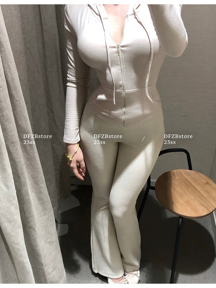 Боди/брюки dfzbstore 奶妻～奶敷敷连帽系带收腰显胸上衣&高v腰显瘦微喇裤
