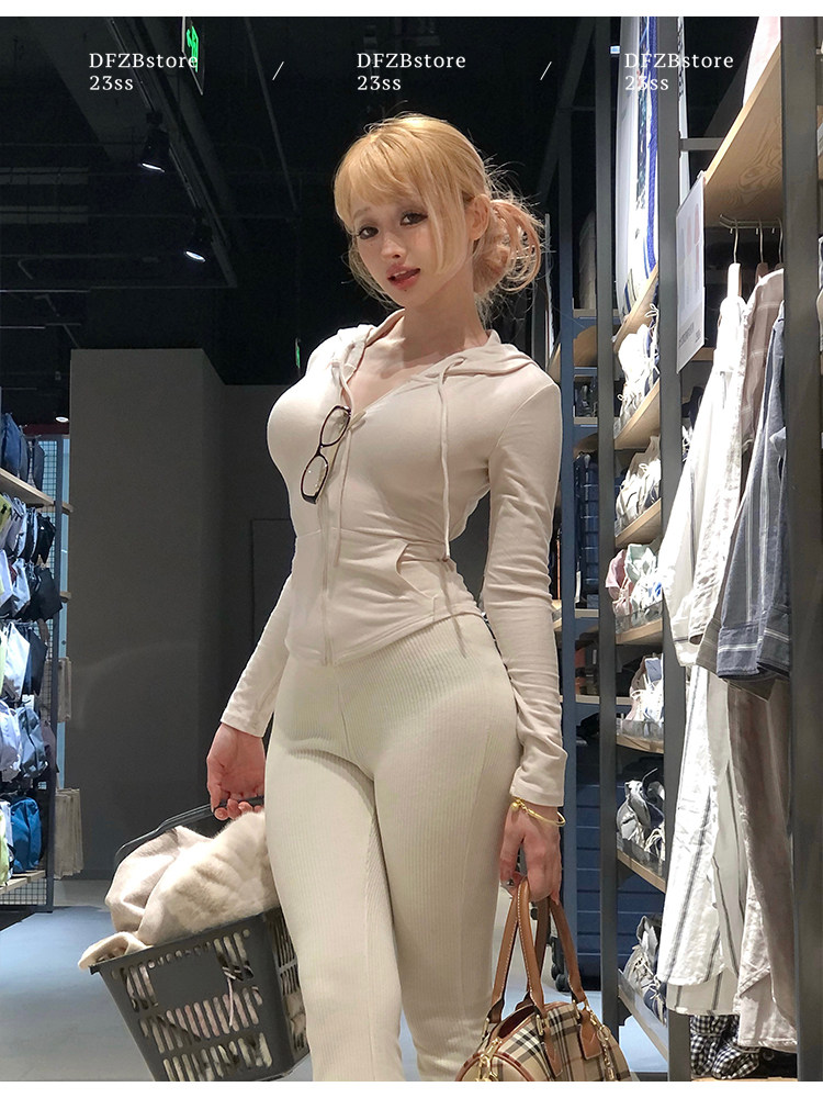 Боди/брюки dfzbstore 奶妻～奶敷敷连帽系带收腰显胸上衣&高v腰显瘦微喇裤