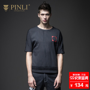 PINLI sản phẩm mùa hè người đàn ông mới của vòng cổ T-Shirt sọc in ngắn tay triều S182411294 áo thun polo nam