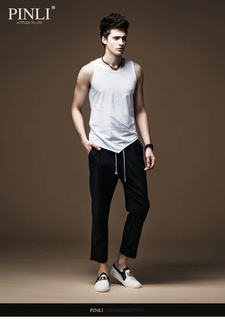 PINLI sản phẩm thời trang hè quần áo nam Slim màu tròn cổ mồ hôi vest nam chạm đáy áo thủy triều M017 áo ba lỗ nam form rộng