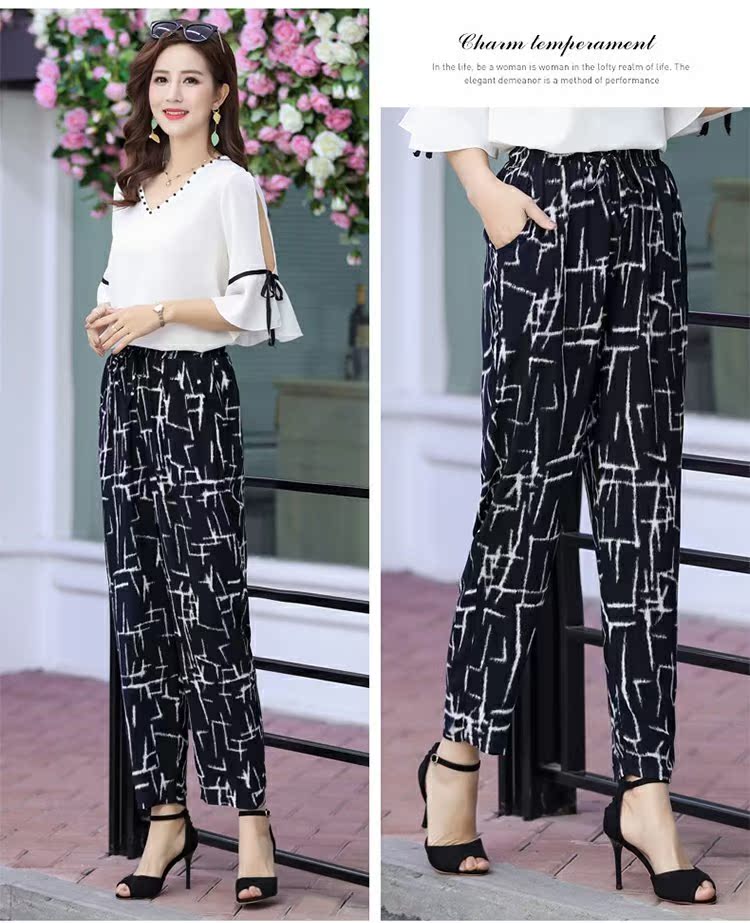 Quần nữ trung niên và già mùa hè mỏng cotton và quần lụa co giãn eo cộng với phân bón quần hoa XL quần mẹ chín điểm - Quần áo của mẹ áo thun nữ trung niên