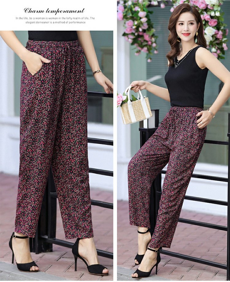 Quần nữ trung niên và già mùa hè mỏng cotton và quần lụa co giãn eo cộng với phân bón quần hoa XL quần mẹ chín điểm - Quần áo của mẹ áo thun nữ trung niên
