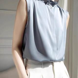 荷叶领花边无袖衬衫半高领醋酸宽松女25春季内搭百搭叠穿神器上衣