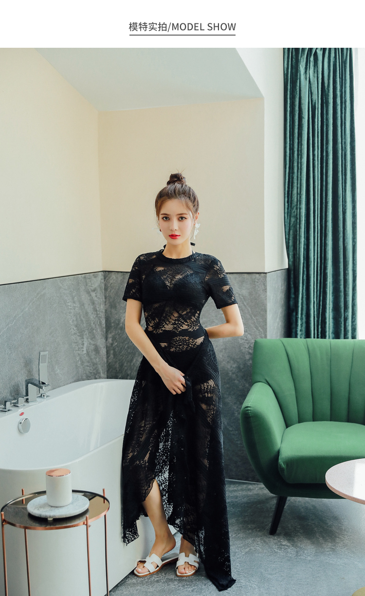 Áo tắm nữ ôm sát bụng gợi cảm Hàn Quốc tụ tập 2018 mới lưới đỏ tay ngắn ren đen một mảnh áo tắm áo bơi liền thân