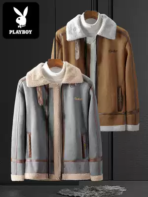 Playboy lambskin jacket men's autumn and winter loose Korean version of the trend lapel shop cotton jacket wild plus velvet jacket