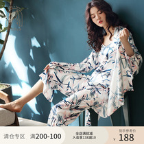 Nedias new pajamas female summer light luxury camisole nightgown ice silk spring summer sexy three-piece set of houseclothes