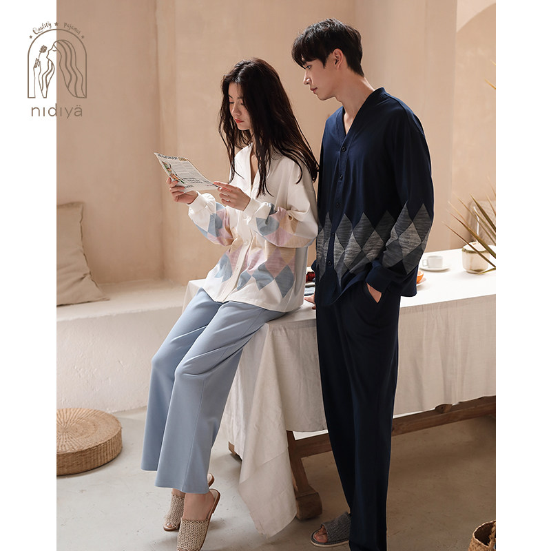 Nedia New Lovers Pyjamas women's spring and autumn clothes pure cotton long sleeve men's minimalist open-shirt autumn home suits suit-Taobao
