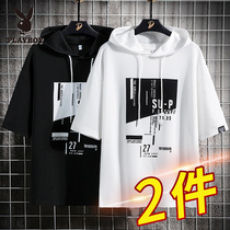 Playboy summer short-sleeved t-shirt mens loose tide brand hooded sweater youth five-point sleeve hooded clothes thin