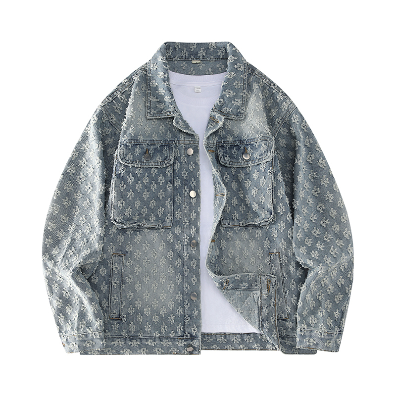 Spring and Summer American Retro Hong Kong Style Jacquard Ripped Denim Jacket for Men, High Street Trendy Cool Hong Kong Style Loose Jacket