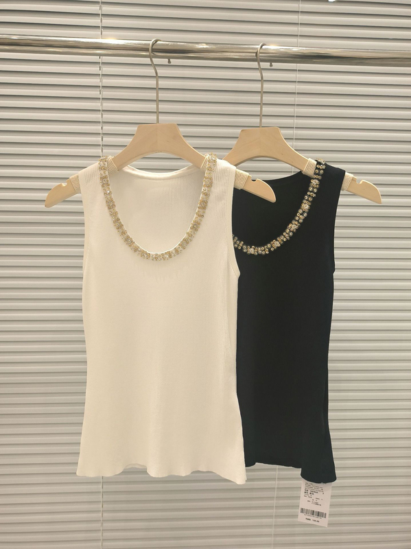Effie Balmain 2024 Summer New Heavy Beaded Neckline Sexy Sleeveless Slim Fit Top