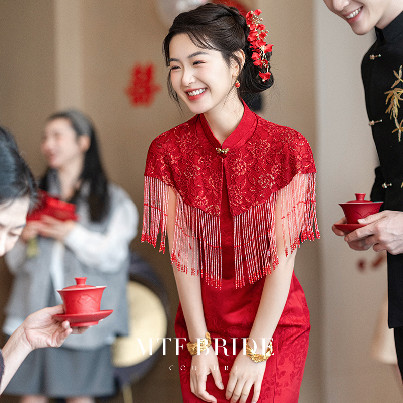 Mantingfang [Xi Li] New Chinese-Style Red Cheongsam Engagement Dress for Women, Bride's Wedding Toast Dress with Shawl Set