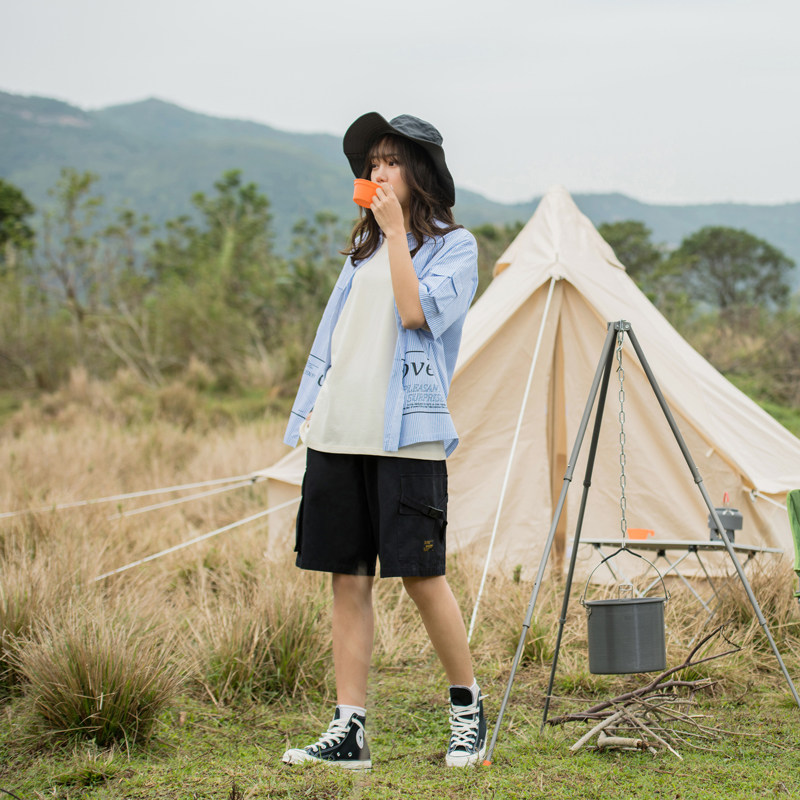 Jenny NASA Neutral Day Ensemble Black Tooling Shorts Women Summer Loose Multiple Pockets Casual Broadleg 50% Pants