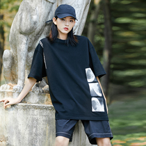 Jenny Aerospace Black short-sleeved t-shirt women loose spring and summer students casual street neutral bf wind half-sleeve top