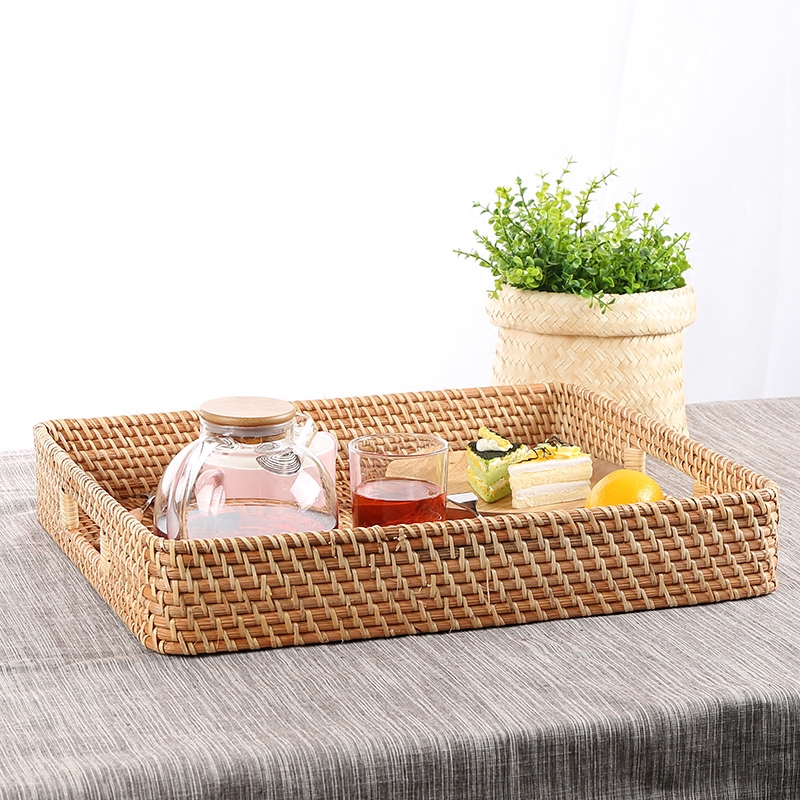 Imported rattan weaving, hand-woven rattan tray with handle, fruit plate, desktop storage basket