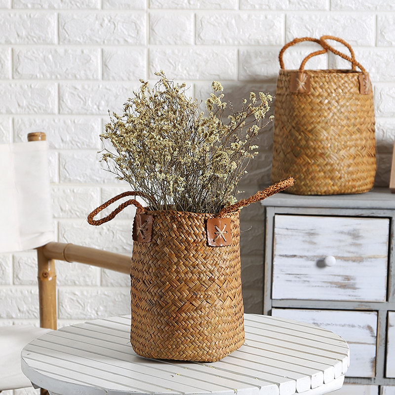 Flower basket rattan hand-held woven European vintage pastoral creative hand-decorated flowerpot set grass-woven flowerpot basket