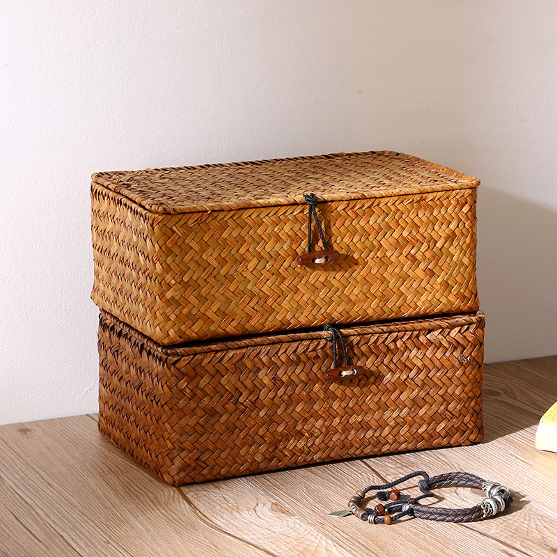 Storage basket straw rattan storage box desktop sundries with lid storage box storage box woven Japanese snacks