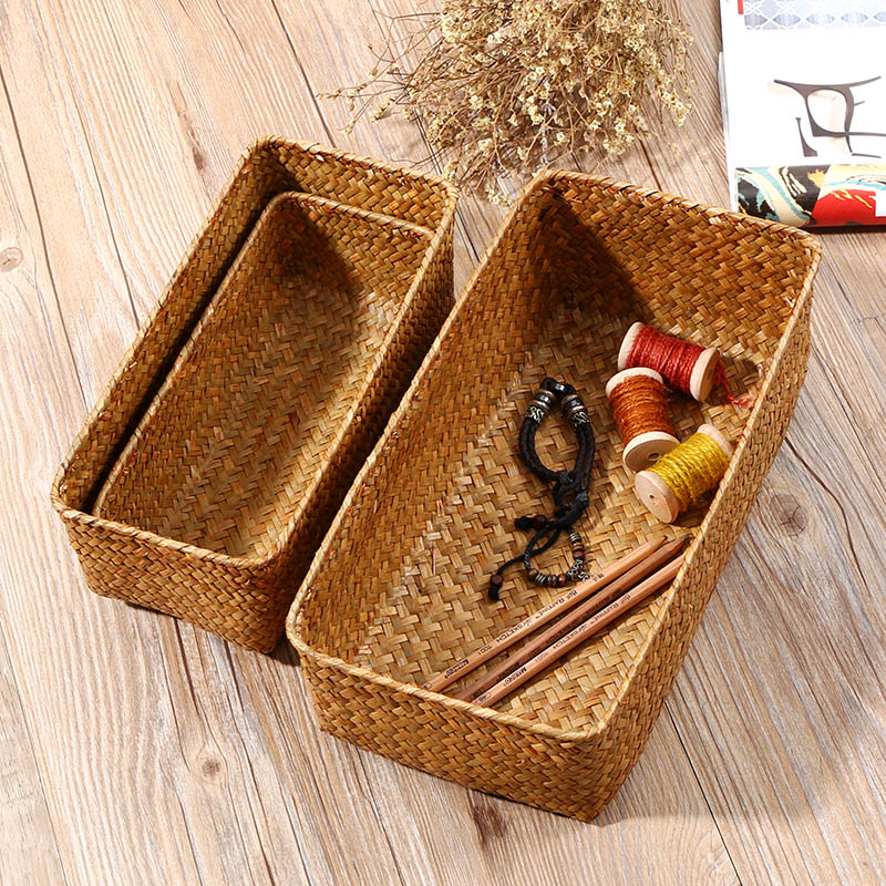 Hand-woven straw storage basket rattan desktop snacks living room dried fruit basket cosmetics sundries storage basket