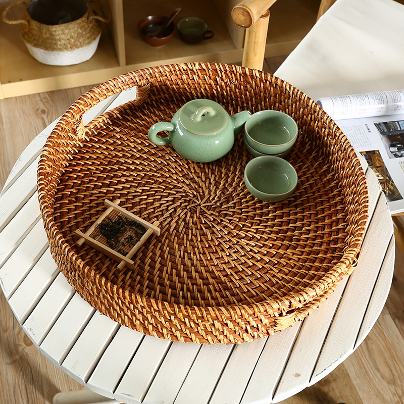 Henggao rattan tea tray hand-imported round portable storage basket tea set tray pastry tray fruit tray