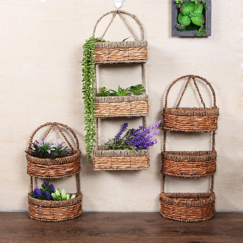 Natural straw woven wall hanging storage bag rack Multi-layer hanging storage basket Door storage hanging basket wall hanging storage basket