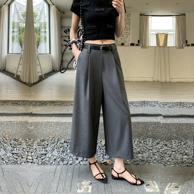 European High-Waisted Cropped Suit Wide-Leg Pants for Women, New Spring/Summer Style, High-End, Loose, Slimming, Seven-Point Straight-Leg Drape Pants