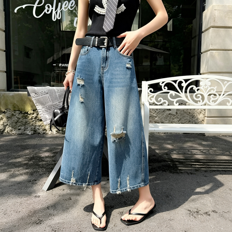 European-Style Ripped Wide-Leg Cropped Jeans for Women, New Summer High-Waisted Loose Slimming Petite Straight-Leg Pants European-Style Ripped Wide-Leg Cropped Jeans for Women, New Summer High-Waisted Loose Slimming Petite Straight-Leg Pants