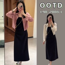 Fat Mm Display Slim Fit Dress Spring Summer New big code Korean version Elegant Cover Tummy Shirt Pendant with dress Two sets