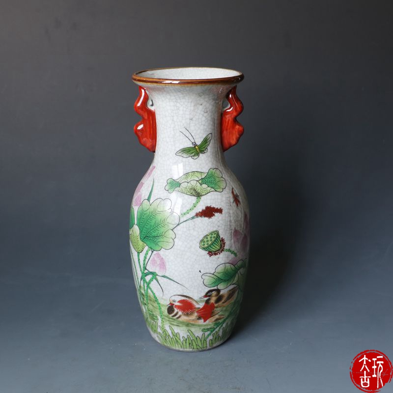 Antique Jingdezhen ceramic open piece pastel lotus Mandarin duck figure vase Home decoration ornaments Antique collection