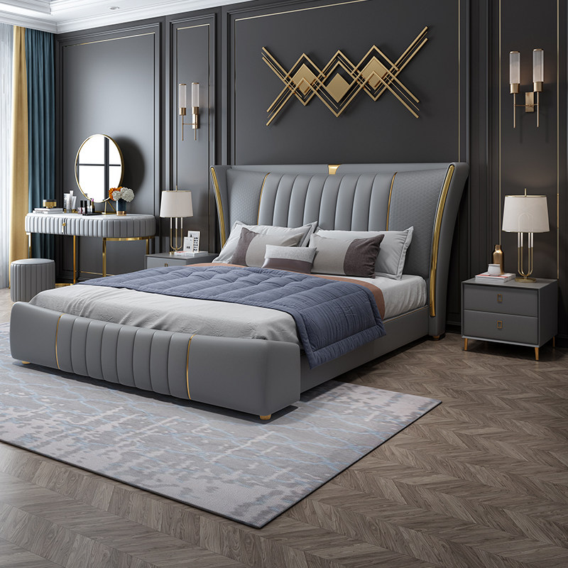 Postmodern light luxury leather bed luxury master bedroom simple double bed 1 8 meters Nordic high-end gold-plated net red wedding bed