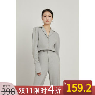 NANASTORE长袖衬衫女秋新款职业v领法式上衣宽松纯色短衬衣复古